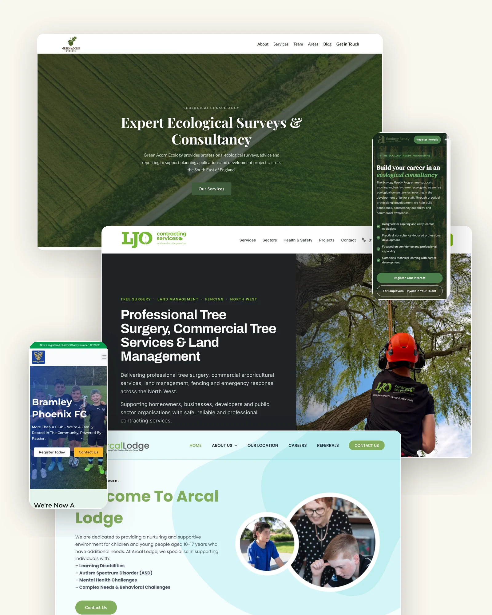 A selection of websites built by Solo, shown on desktop and mobile